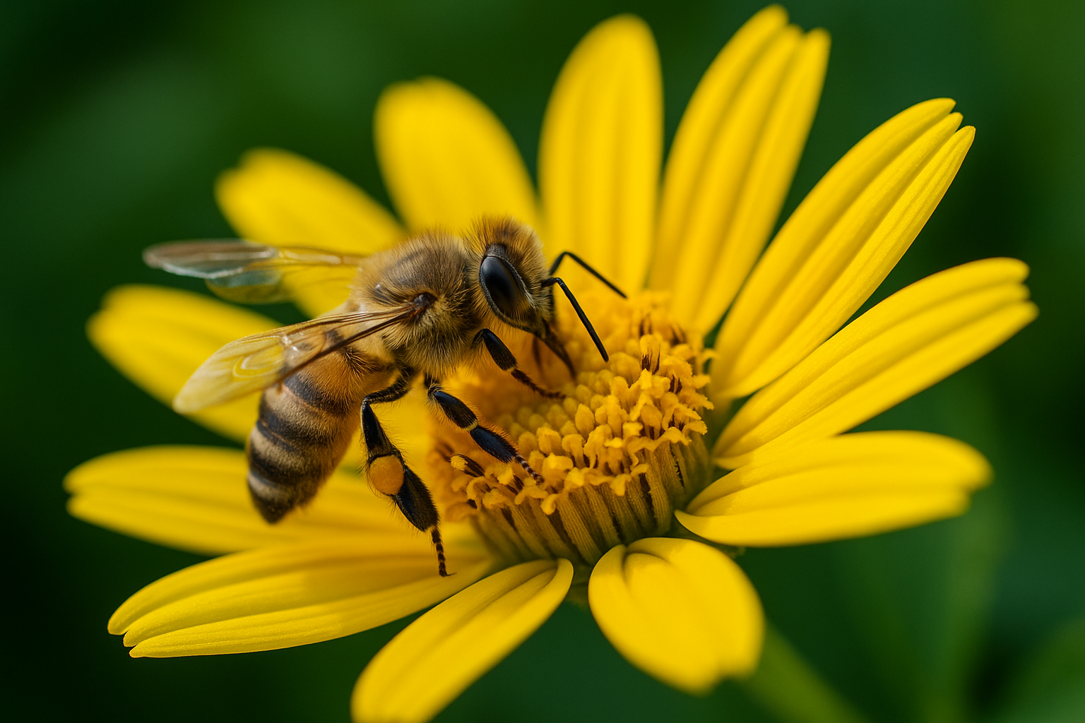 Macro photo of a honeybee collecting nectar from a bright yellow flower.