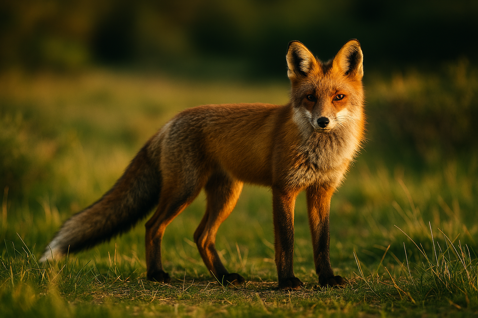 Red fox standing alert in a grassy field at sunset.